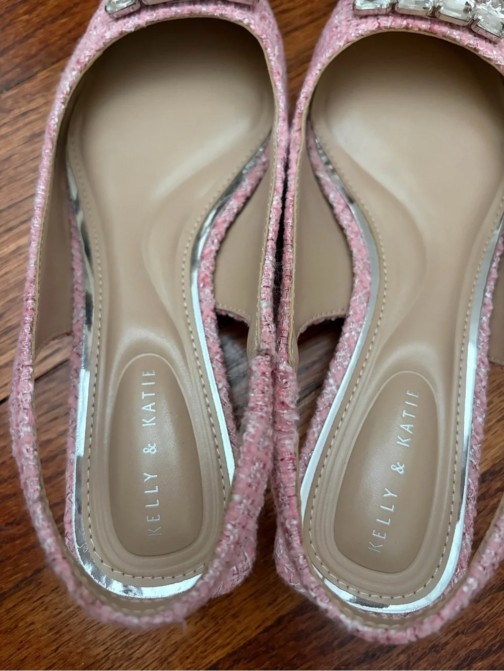 Kelly & Katie Pink Tweed Slingback Flats with Crystal Buckle